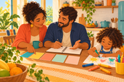 Dois adultos organizam uma rotina à mesa enquanto uma criança desenha ao lado. Ilustração. 